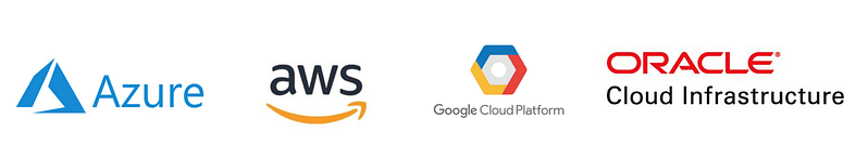 Four cloud computing platforms with logos for oCI, AWS, GCP, and Azure